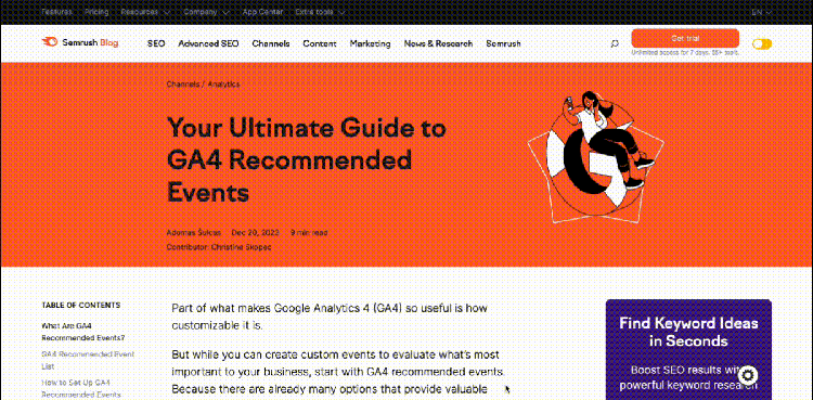 Semrush blog article header with orange background about GA4 Recommended Events with illustration