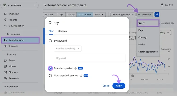 Google Search Console filter selecting branded queries in Search results performance report