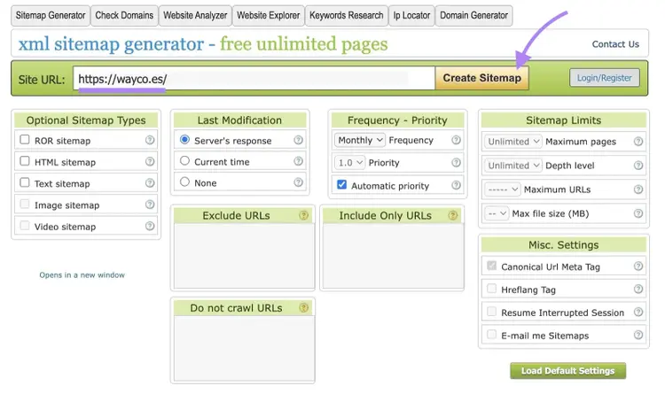 xml sitemap generator on CheckDomains with a domain entered and "Create Sitemap" clicked.