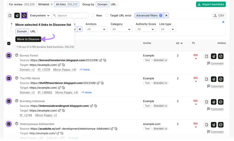 Semrush Backlink Audit with four toxic backlinks selected and the Move to Disavow option highlighted
