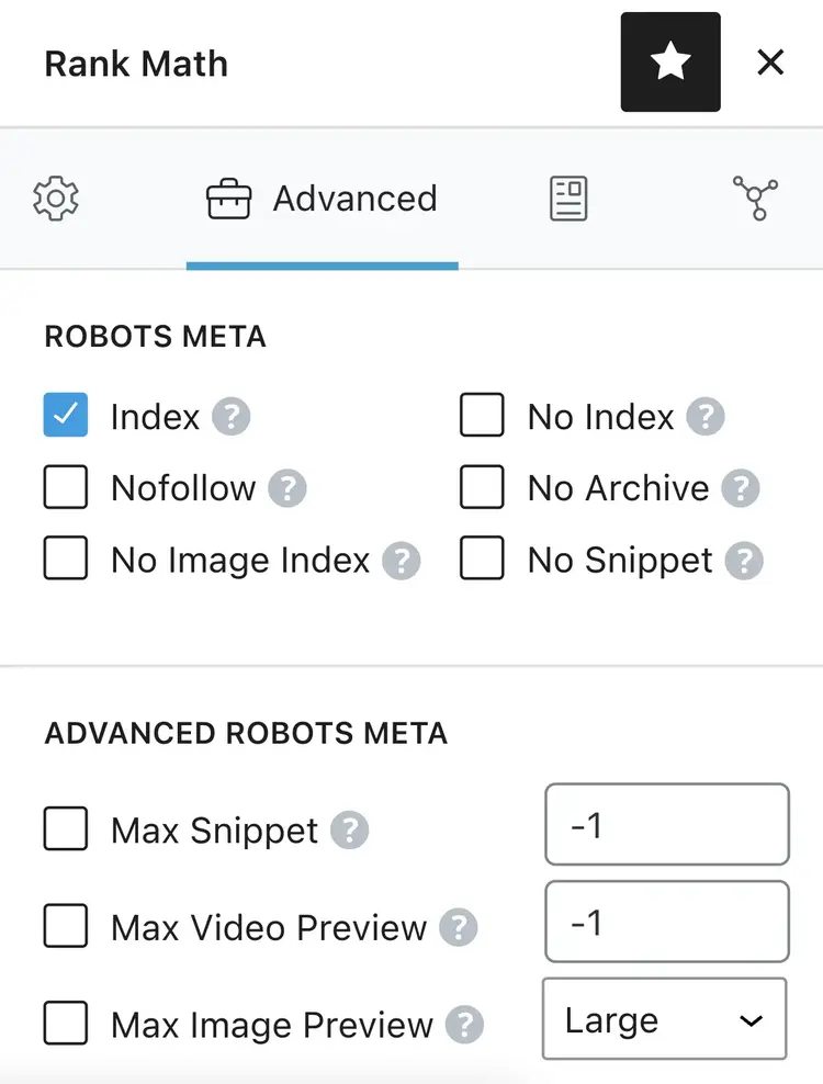 Rank Math SEO plugin Advanced tab showing robots meta options with Index checked and advanced controls for snippets and previews
