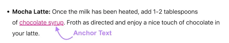 Example of descriptive anchor text using the linked phrase “chocolate syrup”