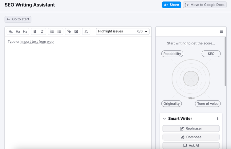 SEO Writing Assistant user interface