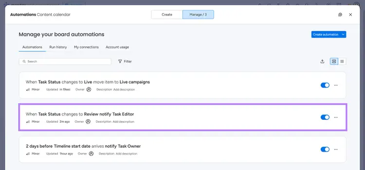 Monday.com automation settings showing rules triggered by task status changes in a content calendar.