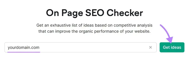 On Page SEO Checker start with domain entered and arrow to Get ideas button.