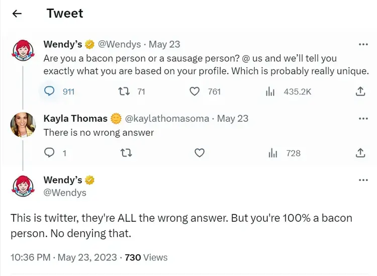 Wendy's post on X, asking followers wether they are a bacon or sausage person