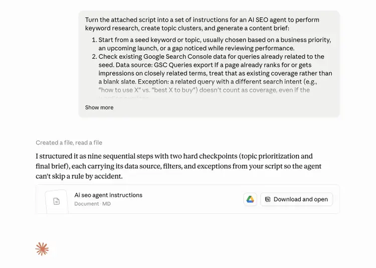 Claude converting a documented SEO workflow into structured instructions for an AI SEO agent