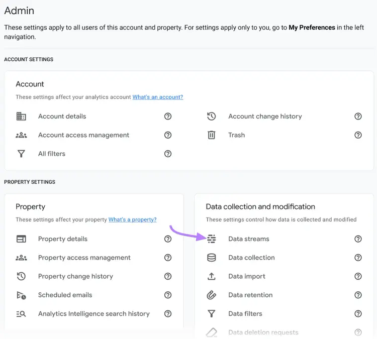 “Data streams” selected from the GA4 "Admin" dashboard