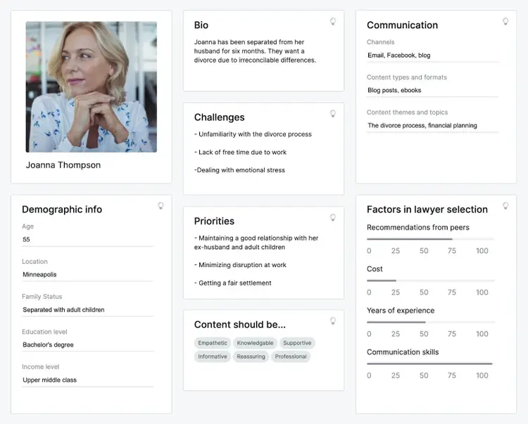 An audience persona template which includes demographic info, a bio, challenges, priorities, communication style, etc.