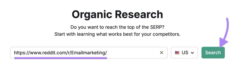 Organic Rankings tool start with the URL of a subreddit entered and "Search" clicked.