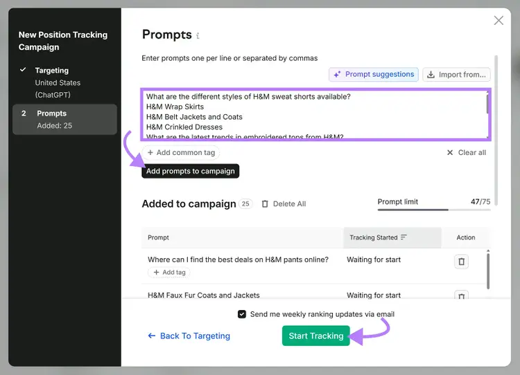 Semrush Position Tracking setup with H&M prompts added and the Start Tracking button highlighted