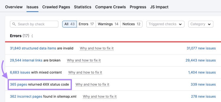 "365 pages returned 4XX status code" highlighted and clicked on Site Audit Errors