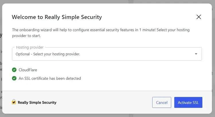 The setup wizard detects an SSL certificate.