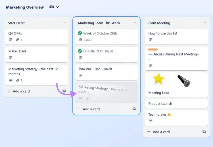 Project board showing cards and arrow indicating card moved between lists.