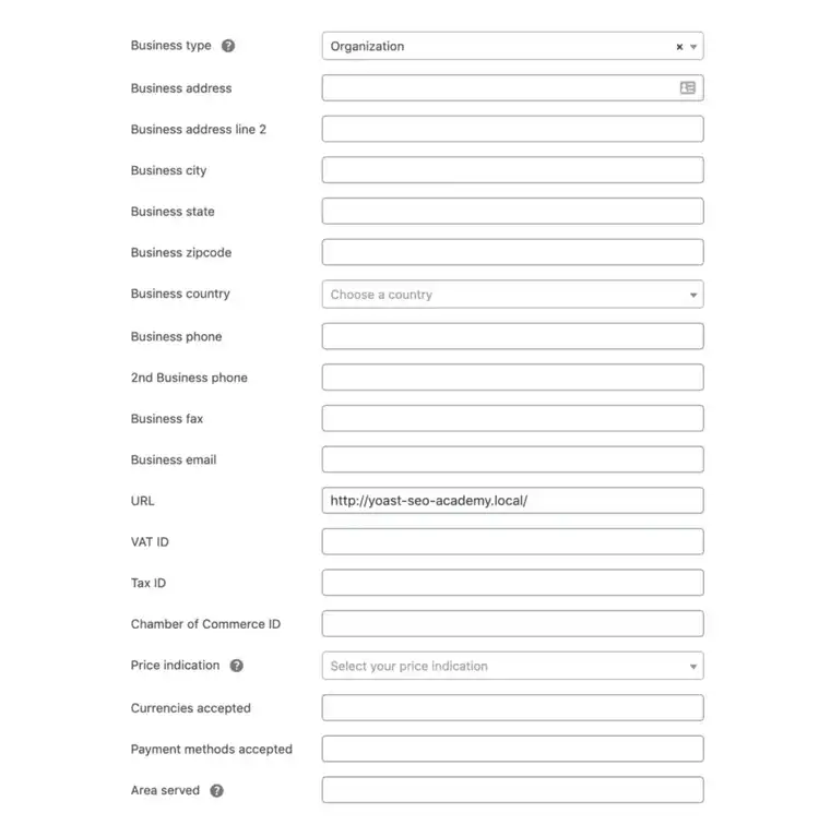 Yoast Local SEO with input fields to add key business details to implement local business schema.