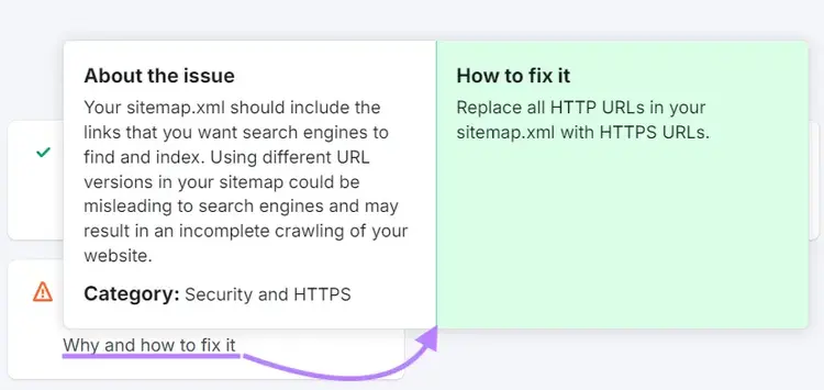 The pop up explains the issue and says to replace all HTTP URLs in your sitemap with HTTPS URLs.