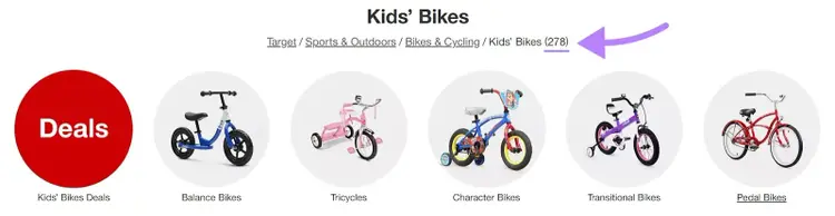 Target's breadcrumb navigation at the top of "Kids' Bikes" section