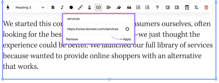 Add internal link in Squarespace page editor