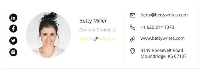 Professional email signature for Betty Miller showing contact info and social media profiles
