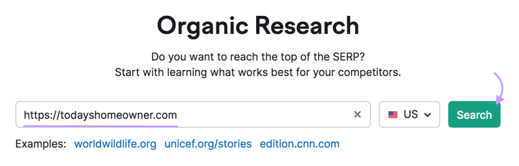 Semrush organic rankings tool start showing the search bar that contains the URL https://todayshomeowner.com.