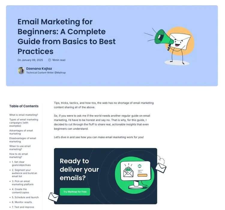 Pillar page by Mailtrap titled "Email Marketing for Beginners".