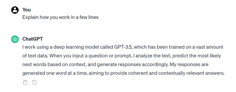 ChatGPT's response to “Explain how you work in a few lines: prompt