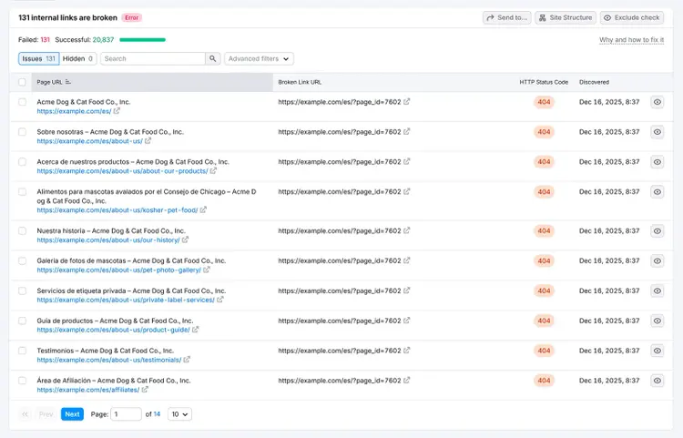 Detailed report of broken internal links listing affected pages, broken URLs, and 404 status codes.
