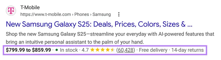 Google search result with a product rich snippet showing price range, availability, star rating, and review count.