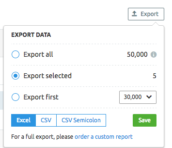 Export options dialog showing export all, selected, and first options in Excel and CSV