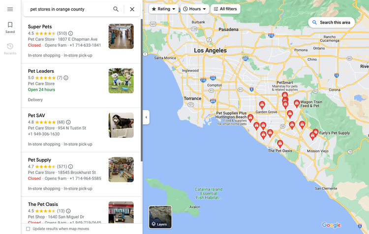 Google local results for "pet stores in orange county"