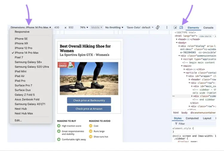Chrome’s Developer Tools with the options to adjust the device-view highlighted.