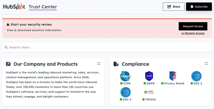 HubSpot Trust Center page