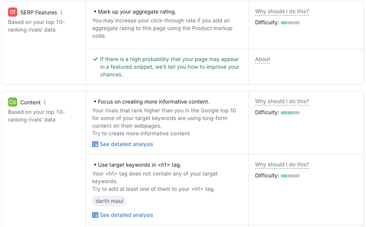 "SERP Features" and "Content" optimization ideas in On Page SEO Checker