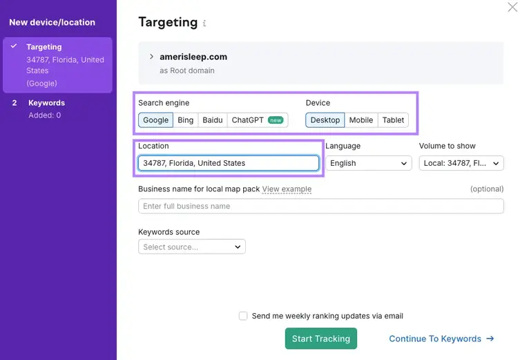 New device/location targeting setup for Map Rank Tracker in Florida