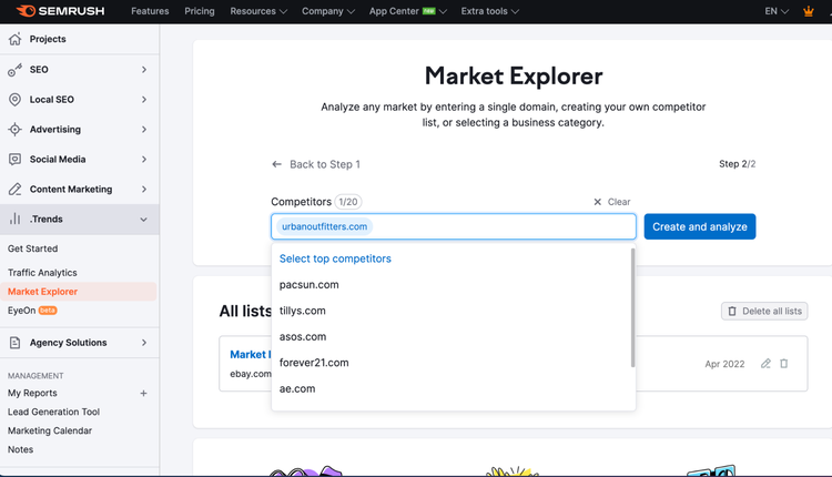 Market Explorer showing competitor list with ecommerce domain sites