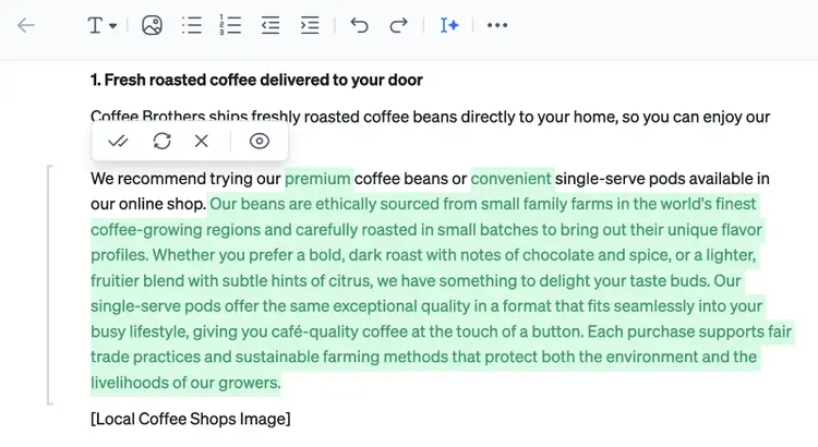 AI copy tool lengthened the original text to multiple sentences and is highlighted in green.