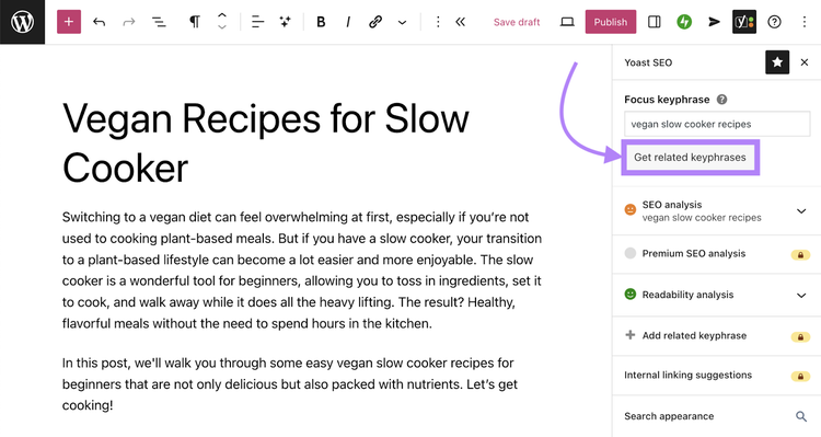 "Get related keyphrases" button highlighted and keyphrase entered