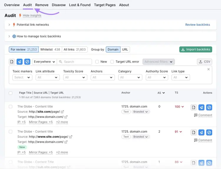 “Audit” report in Backlink Audit tool shows backlinks by domain