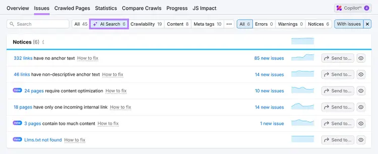 Semrush Site Audit Issues tab filtered for AI Search issues like missing llms.txt and content optimization