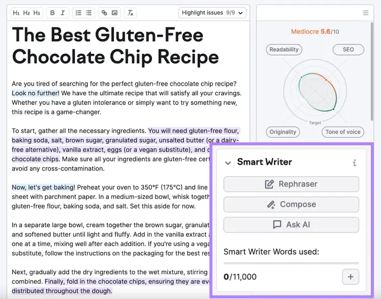 "Smart Writer" section highlighted in the SEO Writing Assistant editor