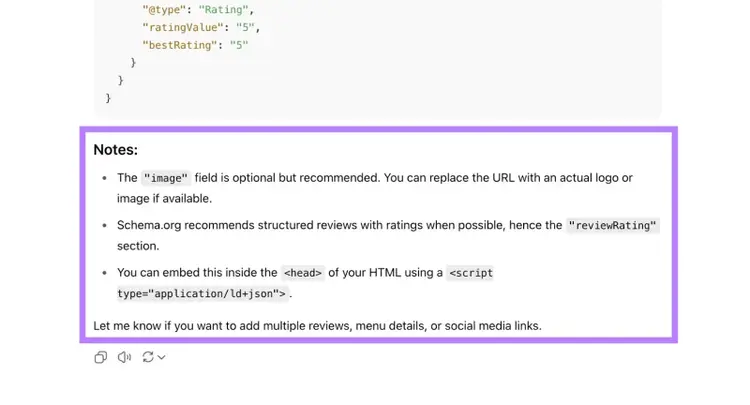 The "Notes" section showing helpful suggestions to improve the local schema markup on ChatGPT.