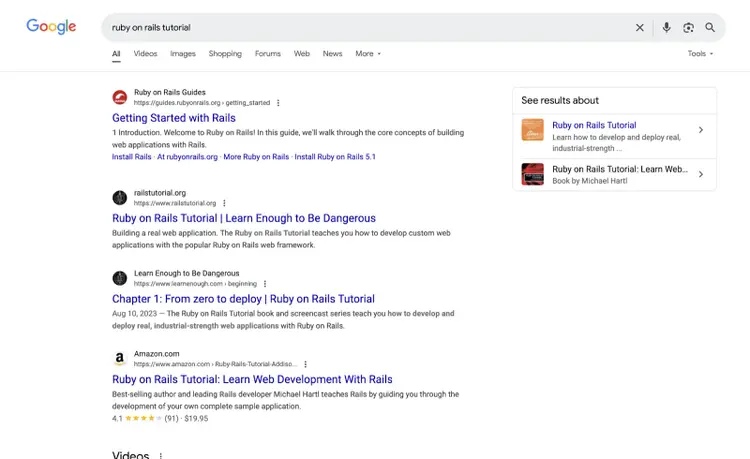 Google search results for ruby on rails tutorial showing top tutorial resources