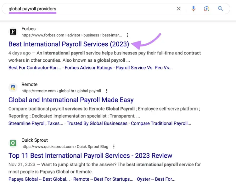 Google's SERP for “global payroll providers" query