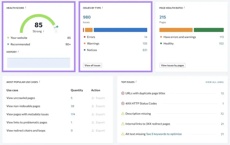 SE Ranking with the "Health Score" and "Issues by Type" widgets highlighted.