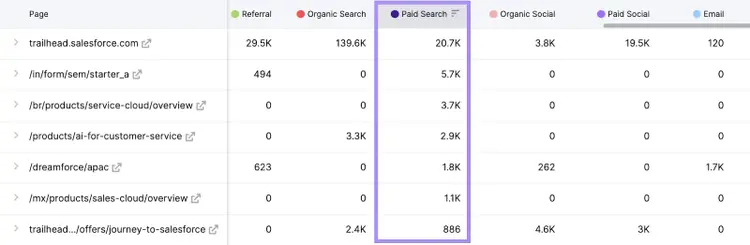 “Paid Search” column highlighted in Traffic Analytics