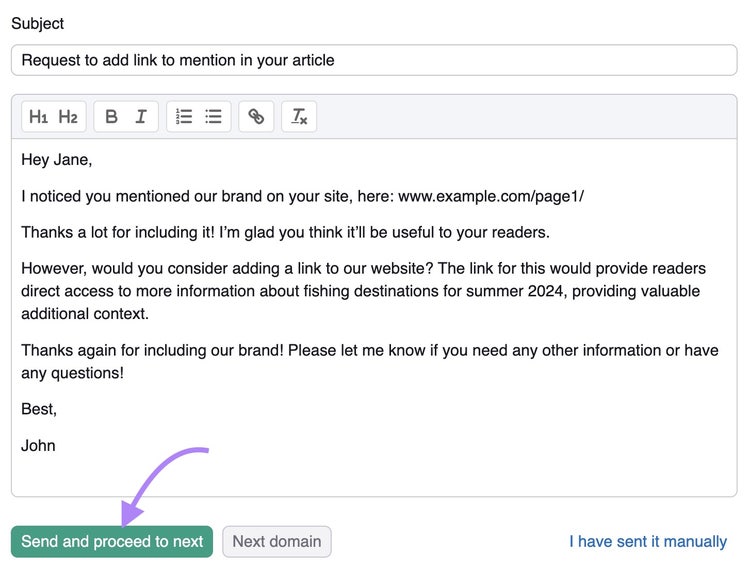 Subject line and email body requesting to add a link to a mention on an article along with an arrow pointing toward “Send and proceed to next.”