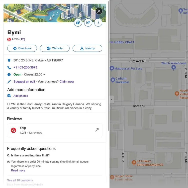 Elymi Bing Maps listing with address, phone, hours, Yelp reviews, FAQ, and nearby map