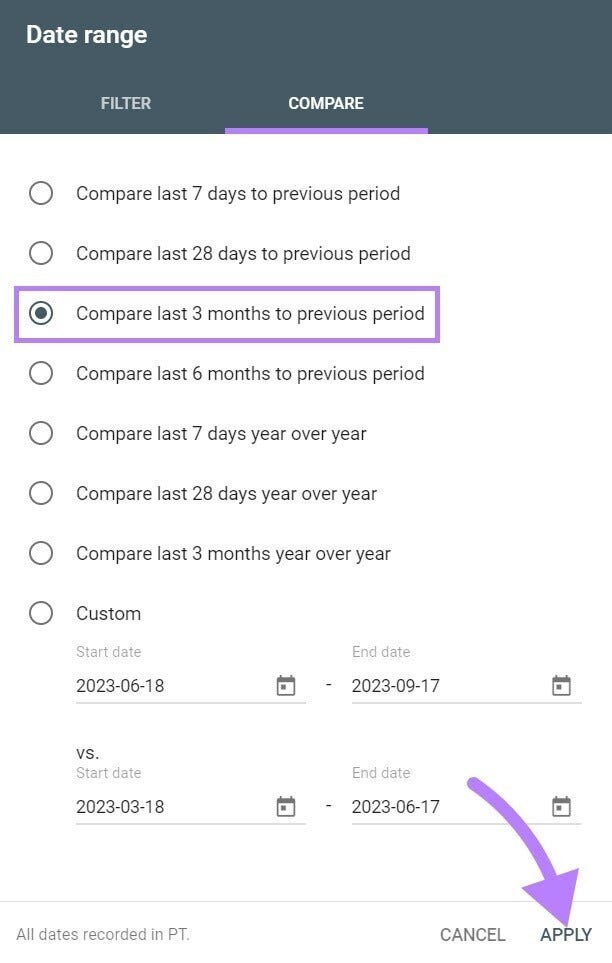 "Date range" section in Google Search Console