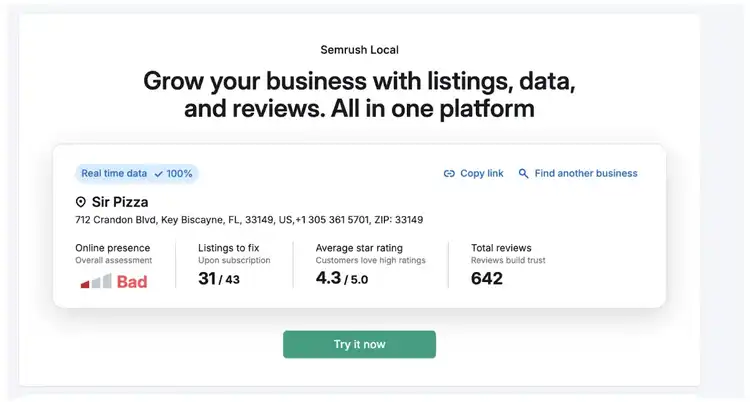 Click “Try it now” to sign up for Semrush’s Listing Management tool.