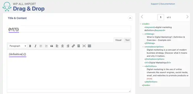 Using WP All Import's drag-and-drop interface to map columns from a spreadsheet to a Wordpress field for a programmatic SEO campaign.